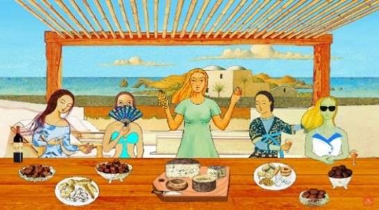 A colourful folk-art illustration of friends sharing wine and dishes at a long table under a seaside pergola.