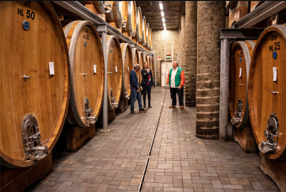 People standing in a cellar aisle between two long rows of very large wooden casks.