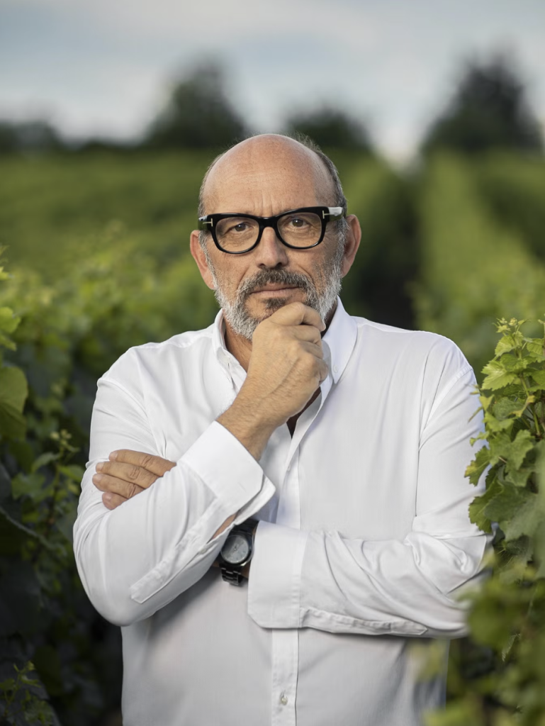 A bald man with a white beard and dark glasses, hand to his chin, standing in a vineyard.