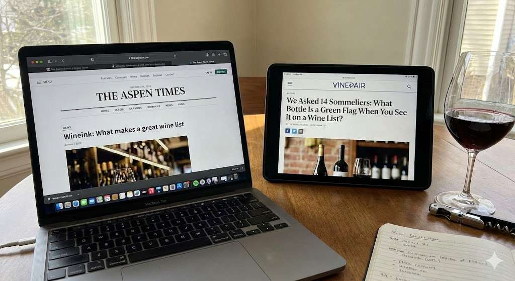 A laptop and a tablet side by side on a desk showing two published articles, with a glass of red wine alongside.