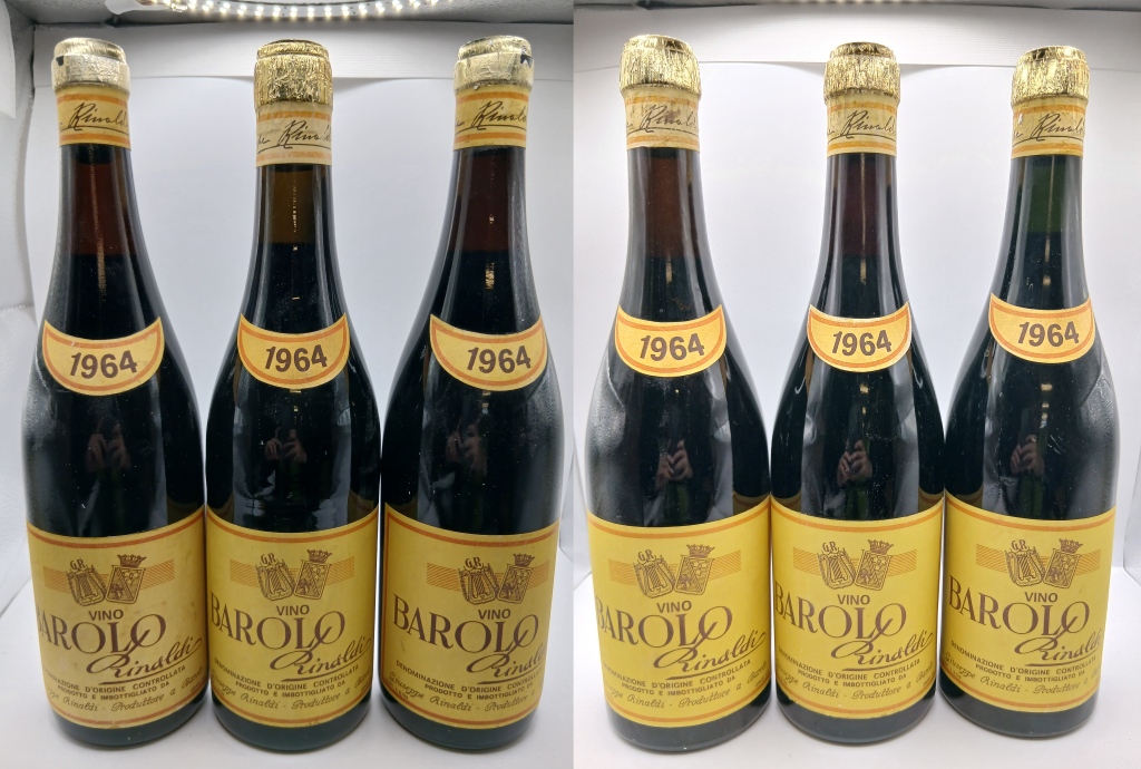 Six bottles of 1964 Barolo with yellowed labels standing in two groups.