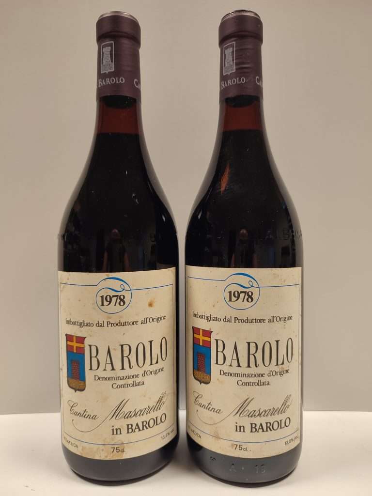 Two bottles of 1978 Barolo side by side, the labels reading Cantina Mascarello in Barolo.