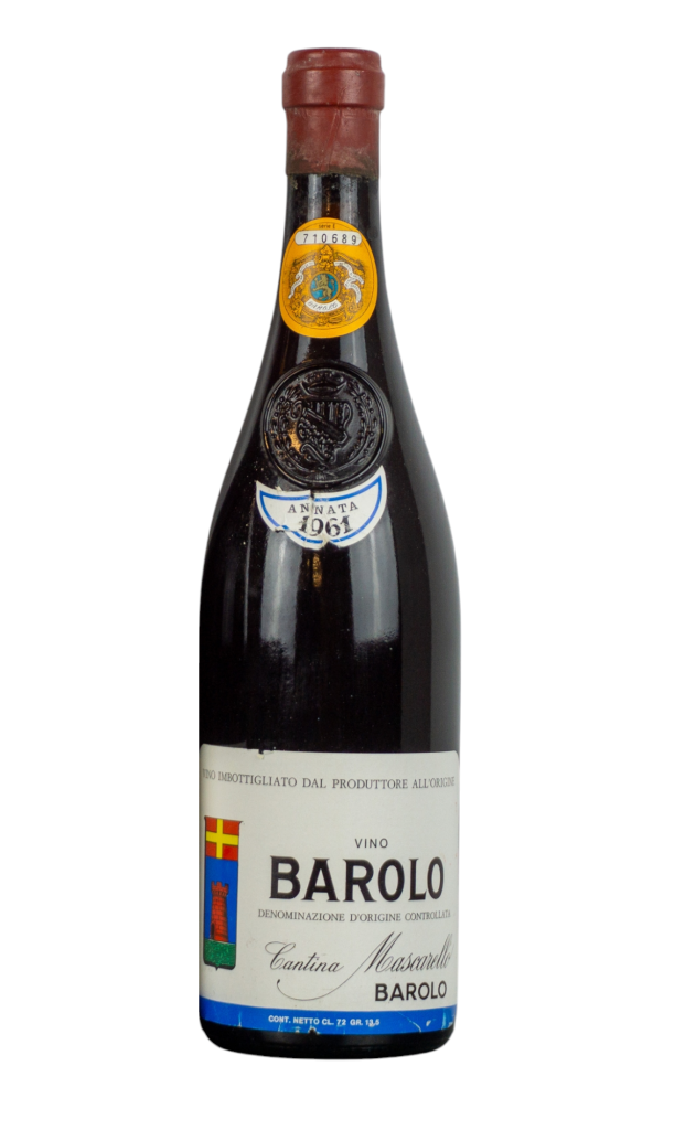 A bottle of 1961 Barolo with an aged label, photographed against a white background.