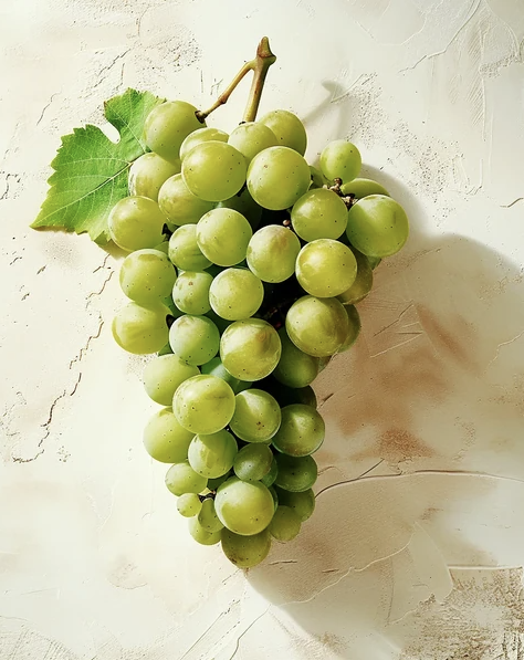 A bunch of pale green Fenile grapes with a single leaf, laid on a pale plaster surface.