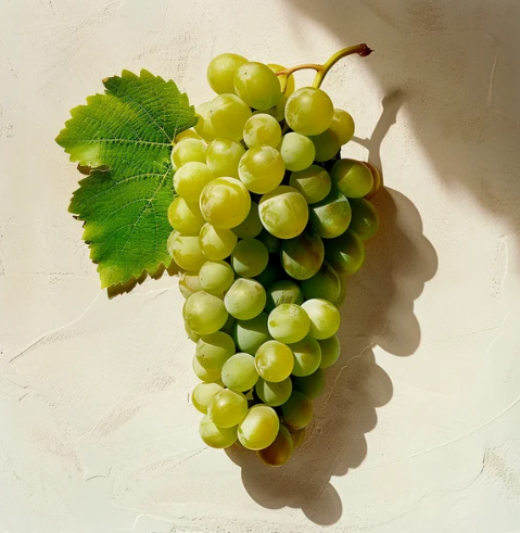 A bunch of pale green Ripoli grapes with a leaf, laid on a pale plaster surface.