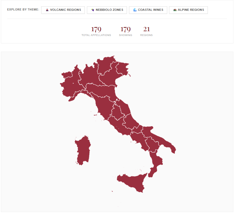 A red map of Italy on a web page, with tabs to explore by theme and counters reading 179 appellations.