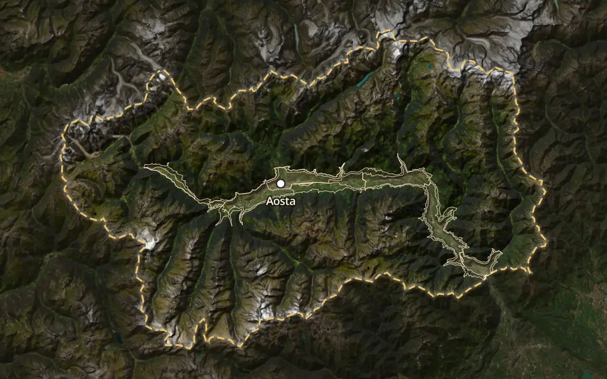 Map of the wine appellations of Aosta Valley (Valle d'Aosta) on satellite imagery