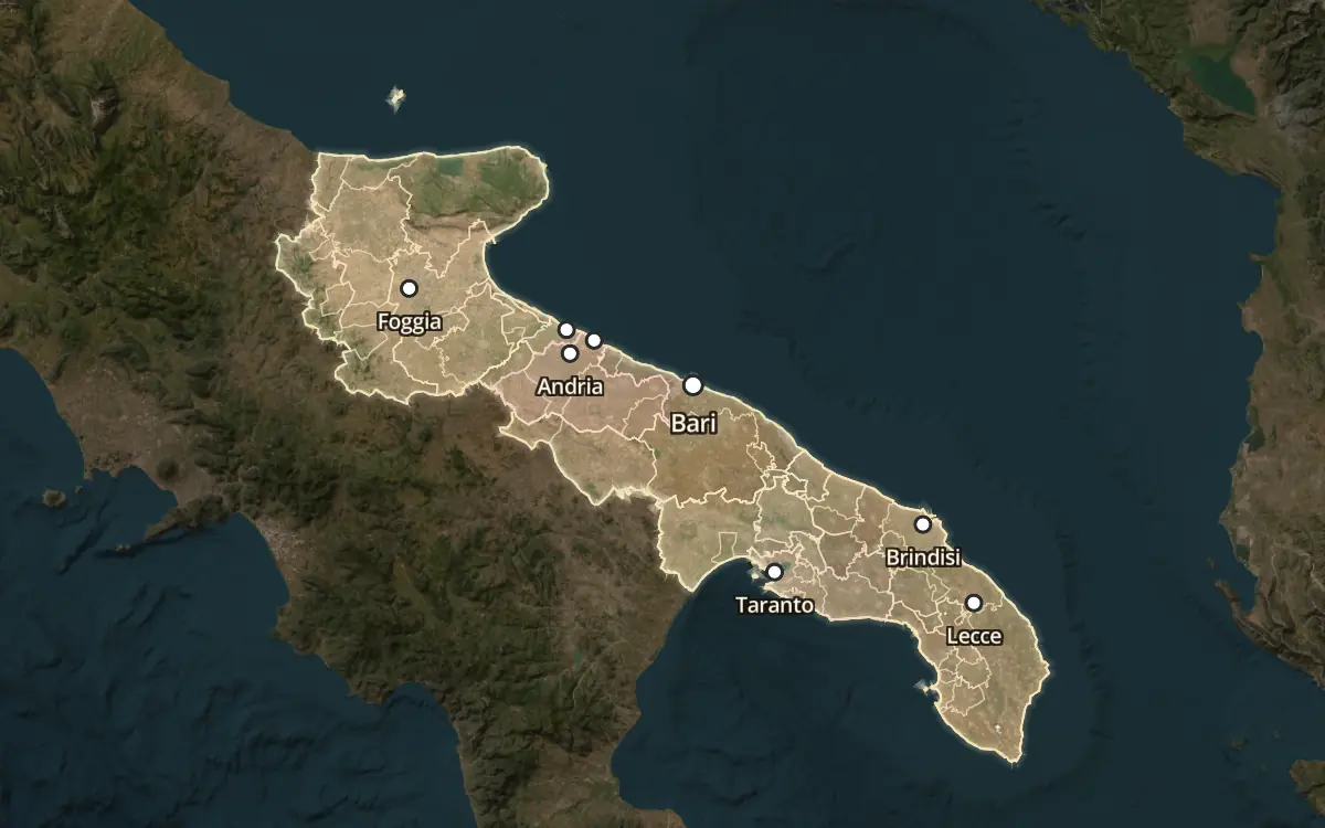 Map of the wine appellations of Apulia (Puglia) on satellite imagery