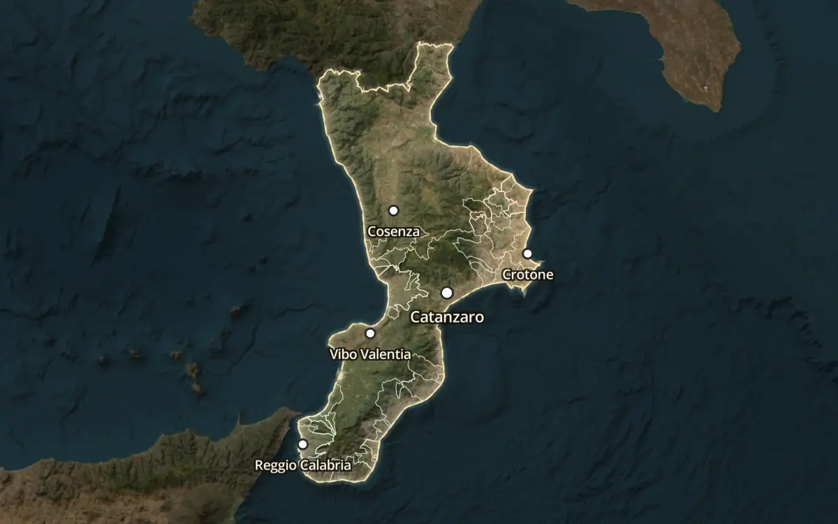 Map of the wine appellations of Calabria on satellite imagery