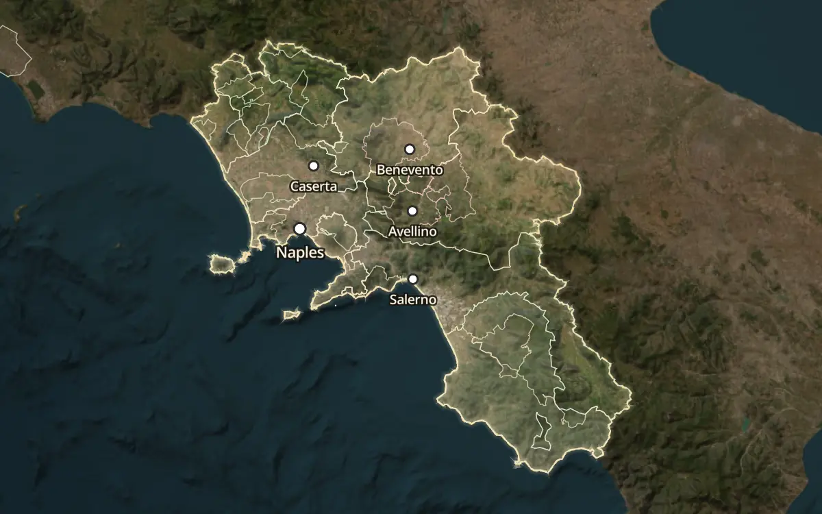 Map of the wine appellations of Campania on satellite imagery