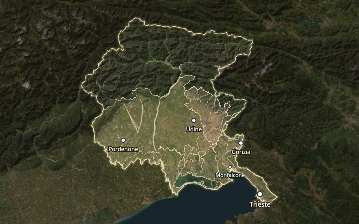 Map of the wine appellations of Friuli-Venezia Giulia on satellite imagery