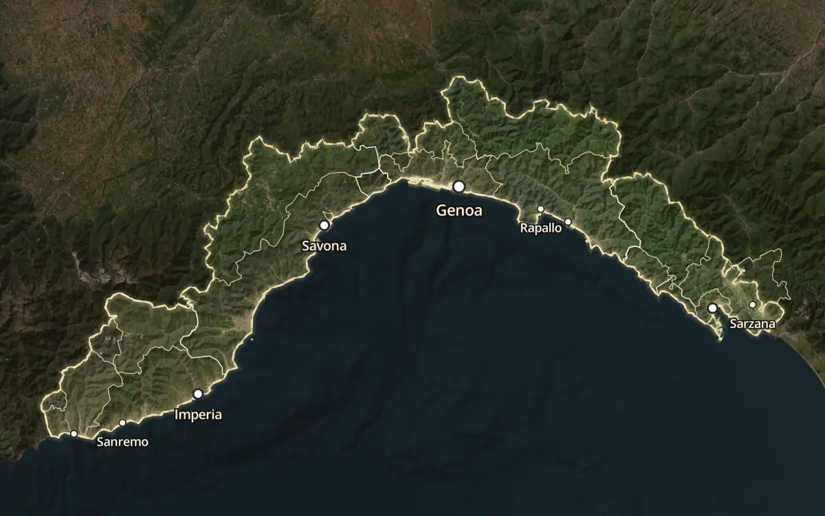 Map of the wine appellations of Liguria on satellite imagery