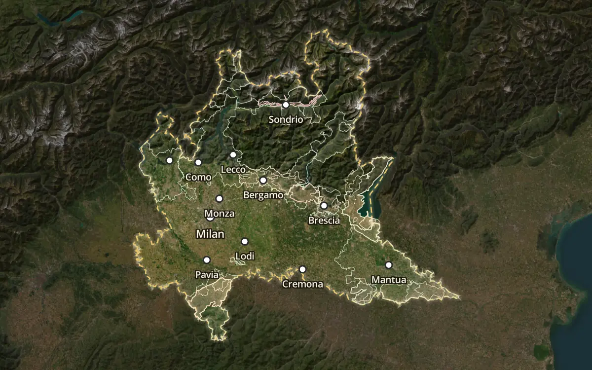 Map of the wine appellations of Lombardy (Lombardia) on satellite imagery