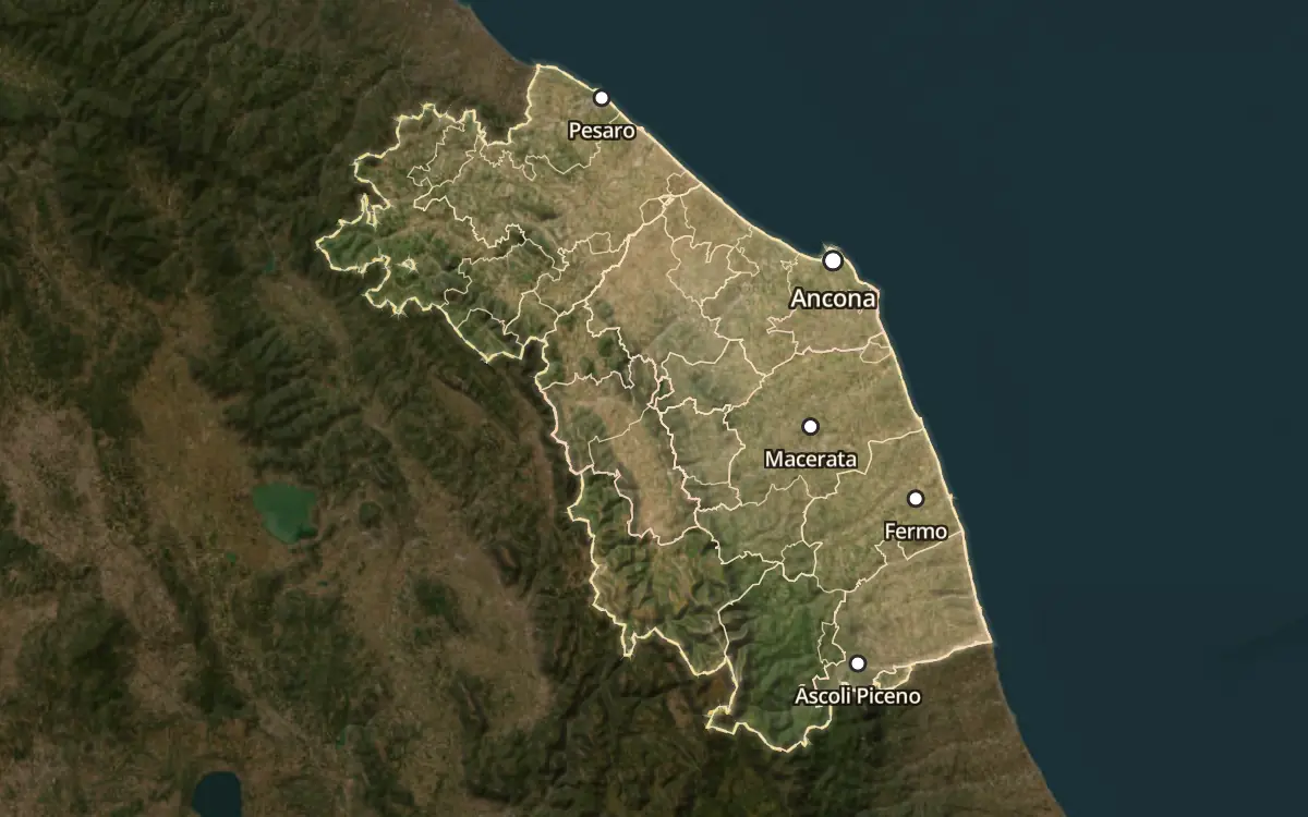 Map of the wine appellations of Marche on satellite imagery