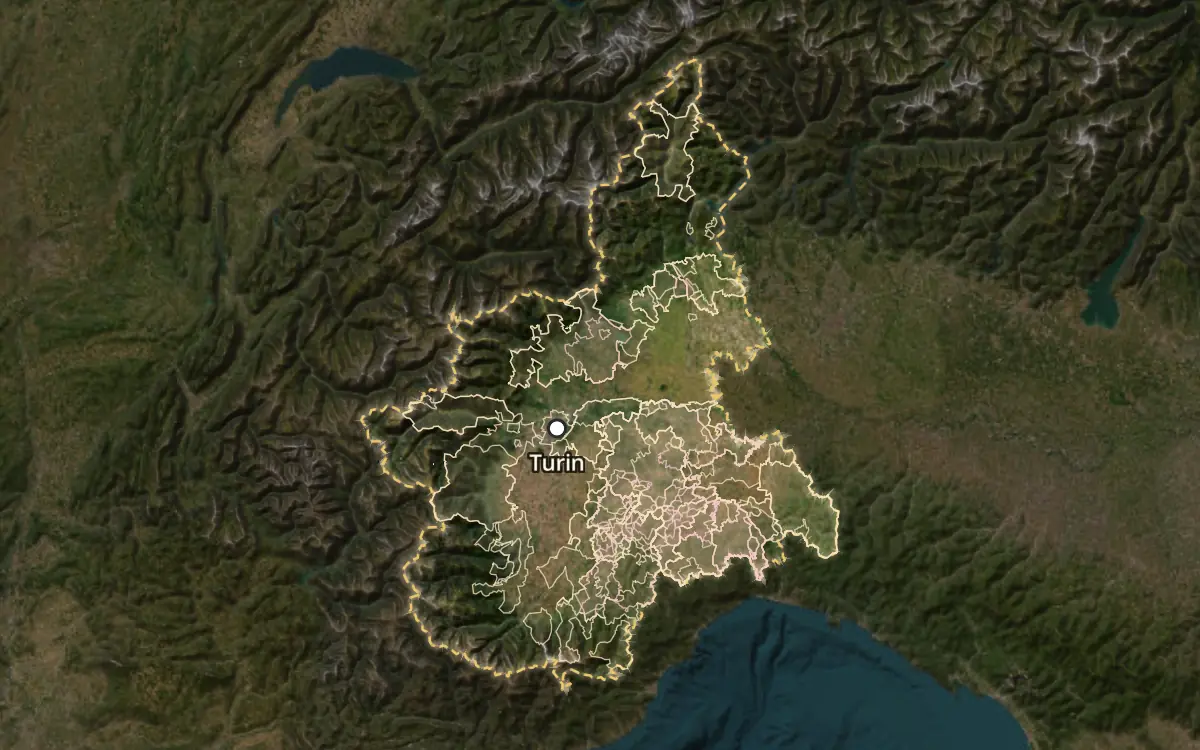 Map of the wine appellations of Piedmont (Piemonte) on satellite imagery