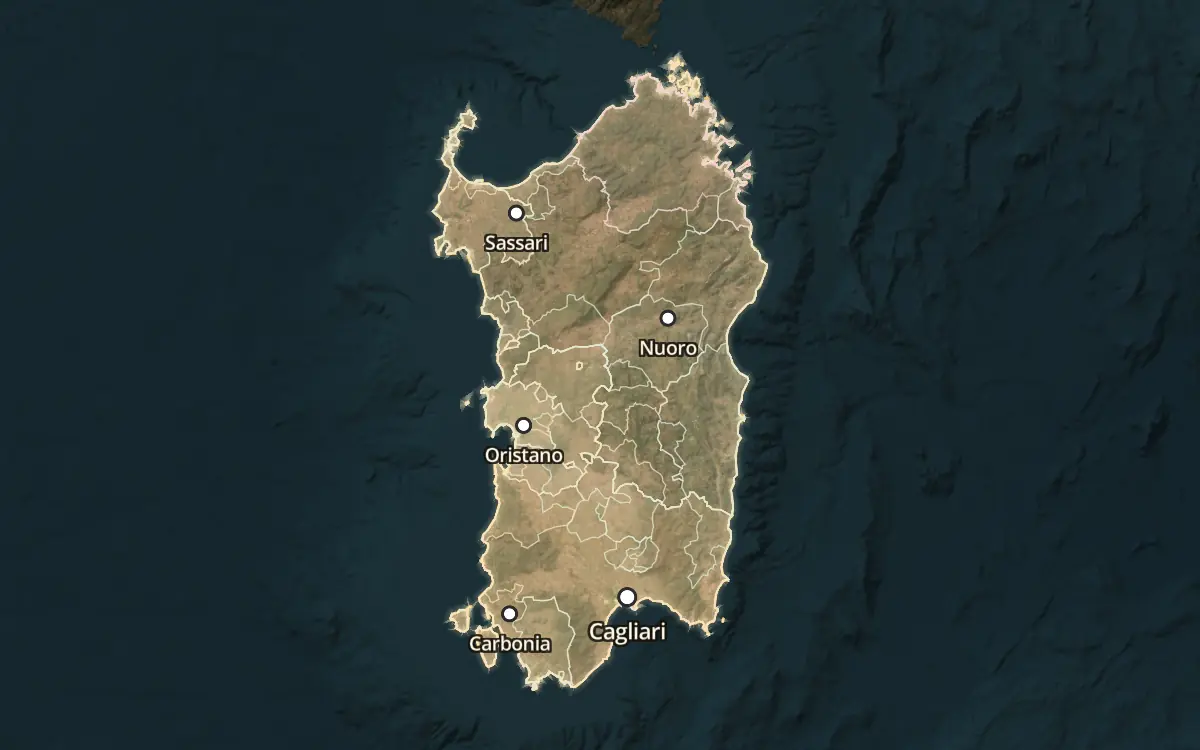 Map of the wine appellations of Sardinia (Sardegna) on satellite imagery