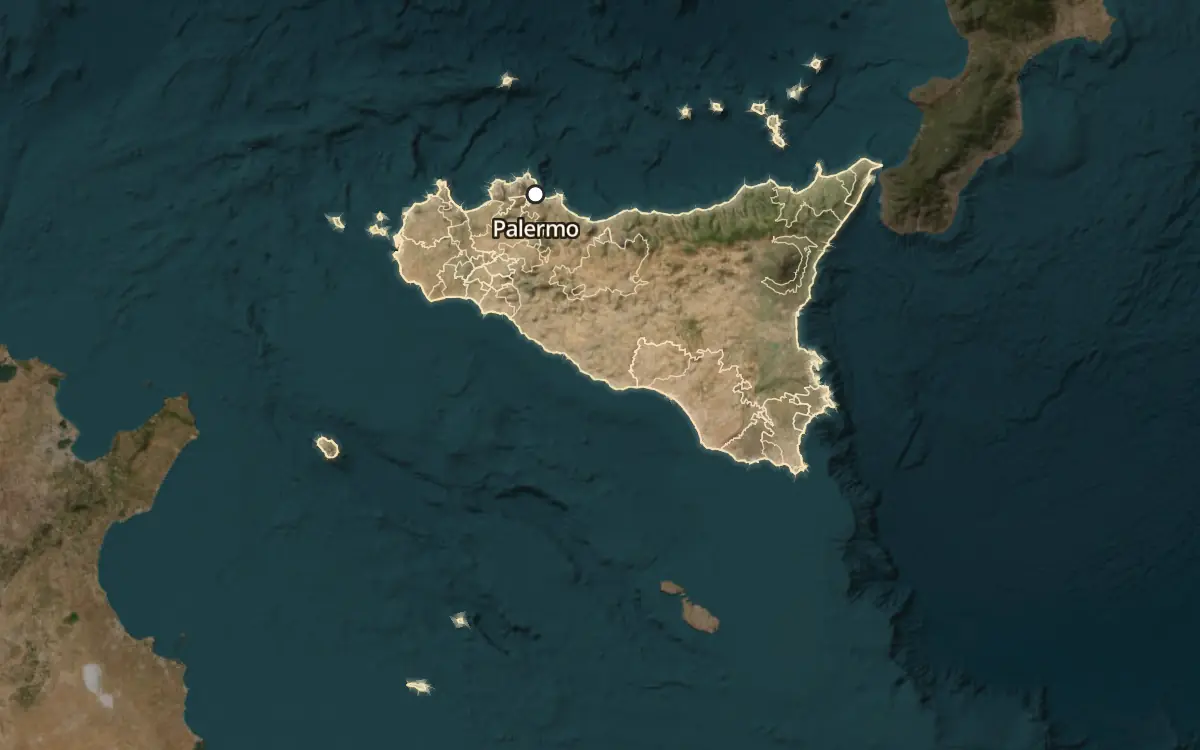 Map of the wine appellations of Sicily (Sicilia) on satellite imagery