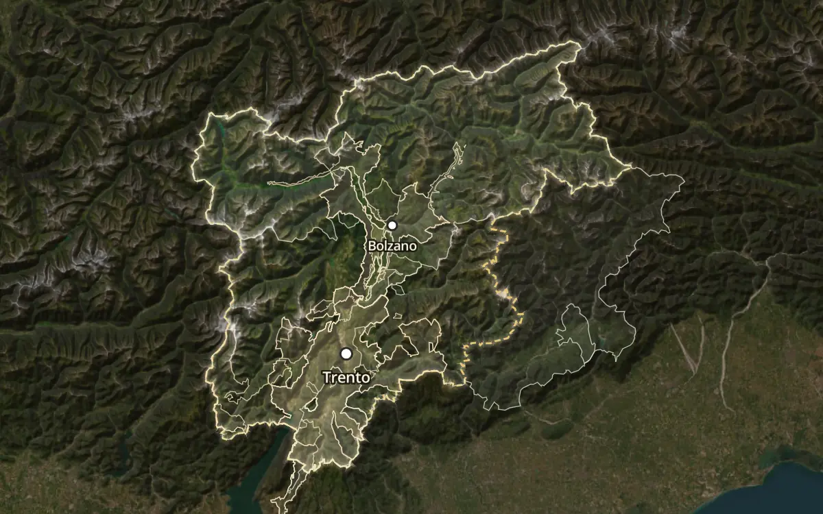 Map of the wine appellations of Trentino-Alto Adige on satellite imagery