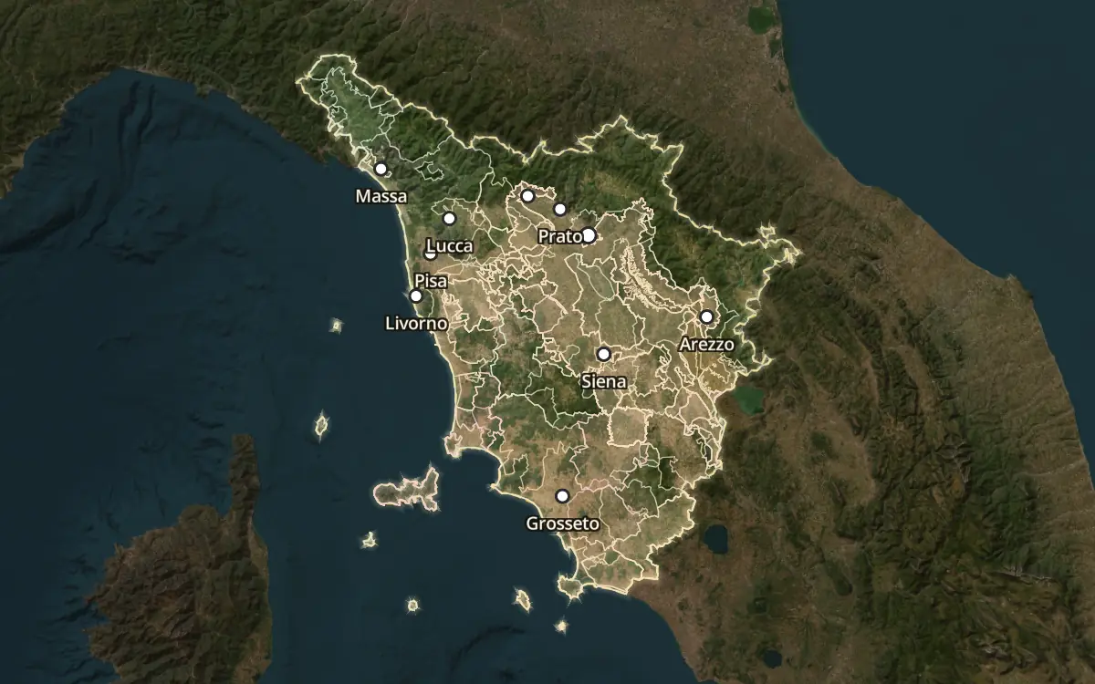 Map of the wine appellations of Tuscany (Toscana) on satellite imagery