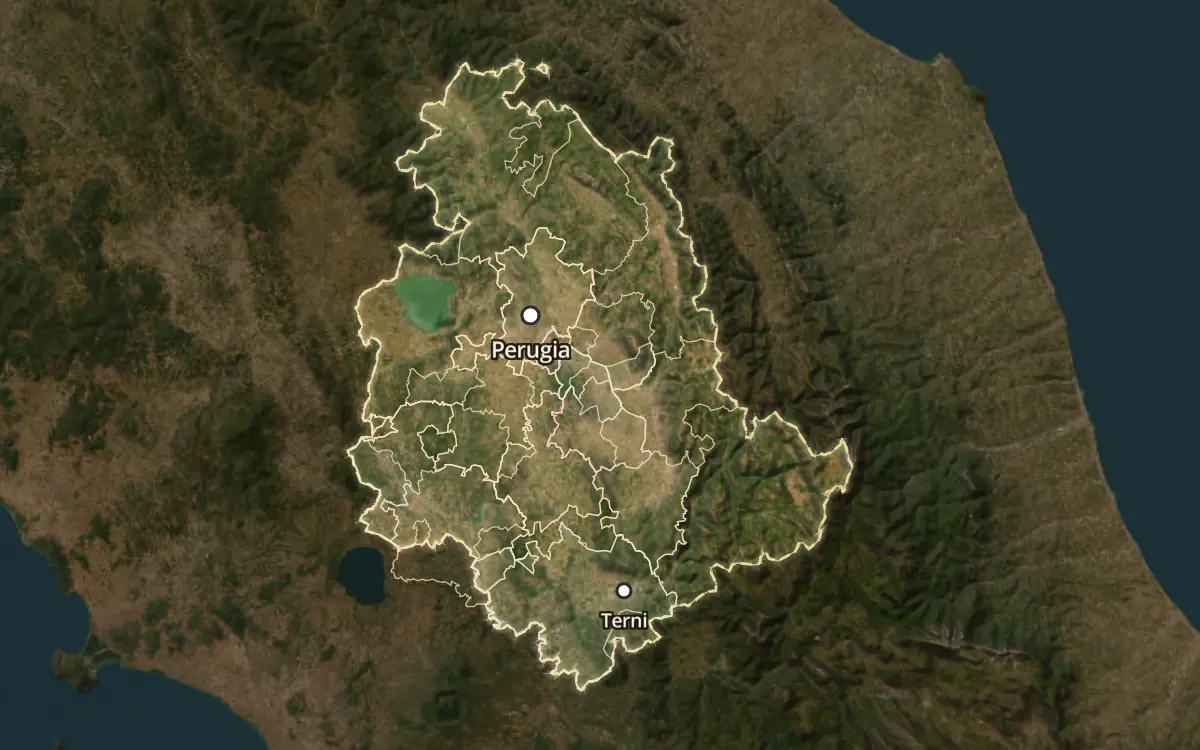 Map of the wine appellations of Umbria on satellite imagery