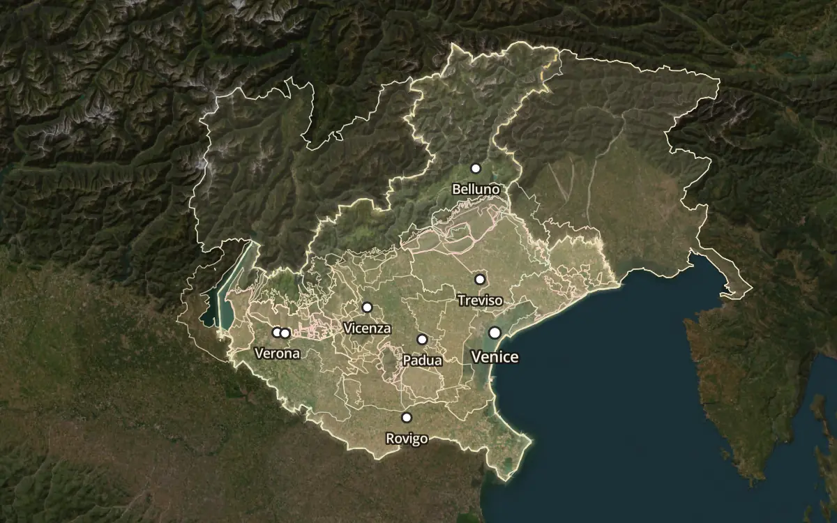 Map of the wine appellations of Veneto on satellite imagery