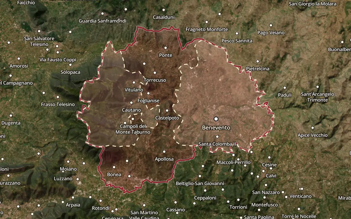 Map of the Aglianico del Taburno DOCG production zone on satellite imagery