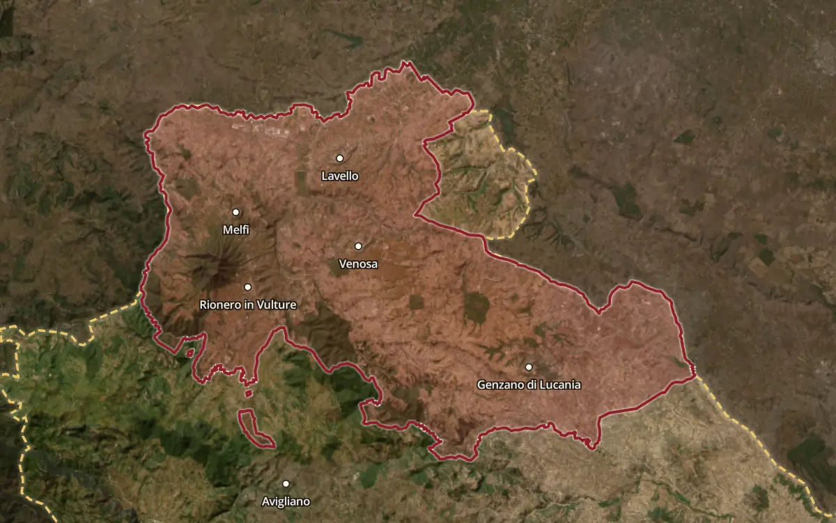 Map of the Aglianico del Vulture DOC production zone on satellite imagery