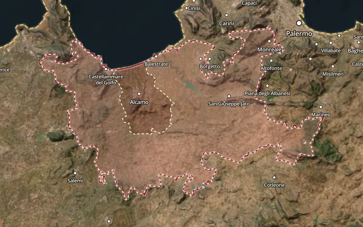 Map of the Alcamo DOC production zone on satellite imagery