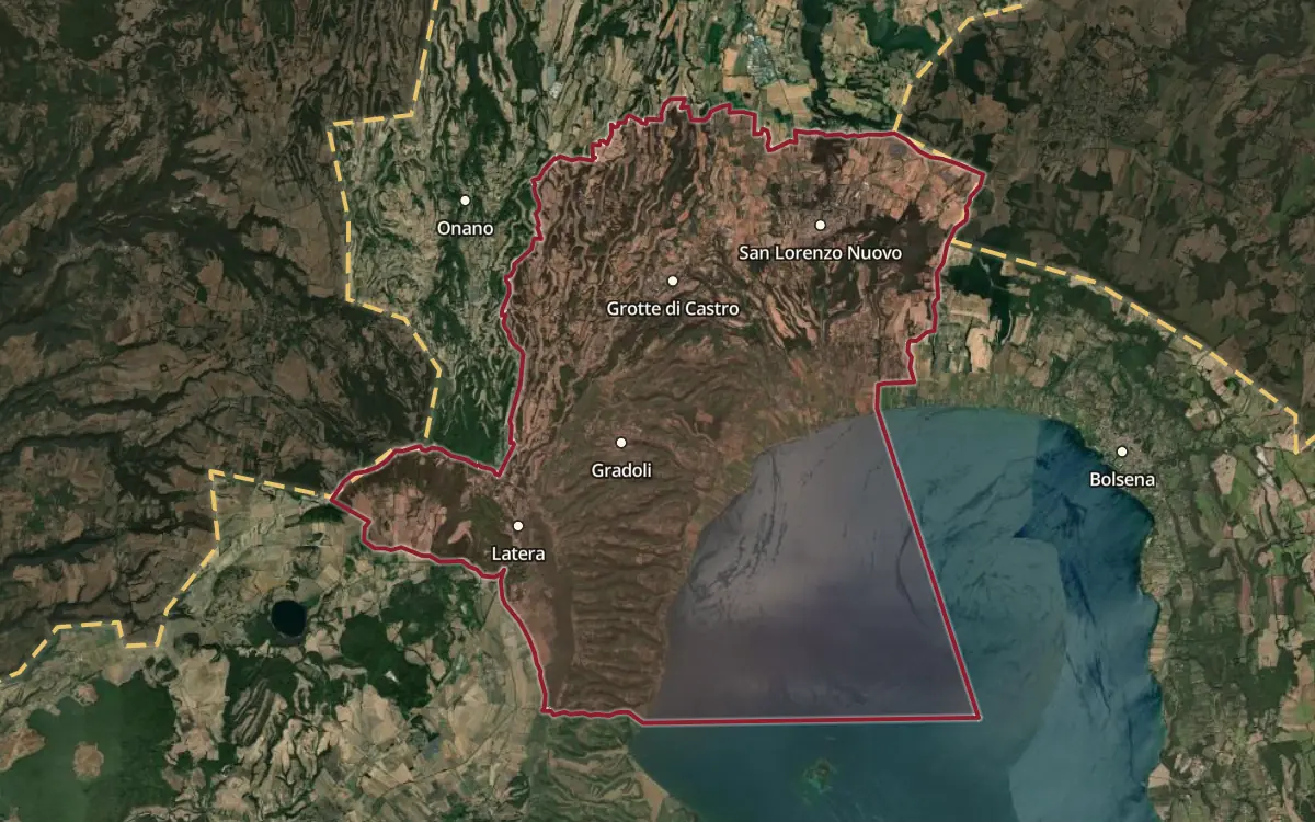 Map of the Aleatico di Gradoli DOC production zone on satellite imagery