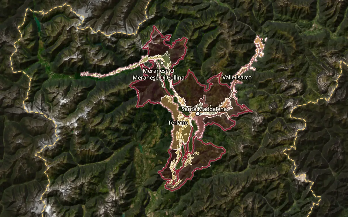 Map of the Alto Adige / Südtirol DOC production zone on satellite imagery