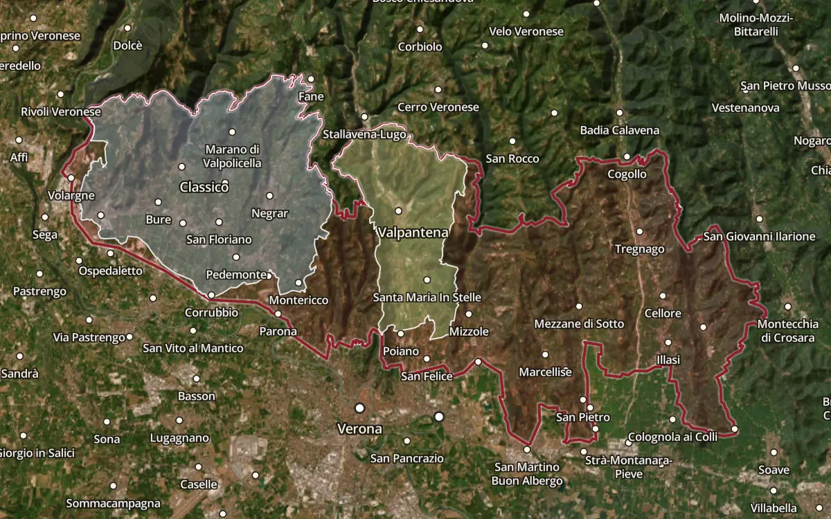Map of the Amarone della Valpolicella DOCG production zone on satellite imagery