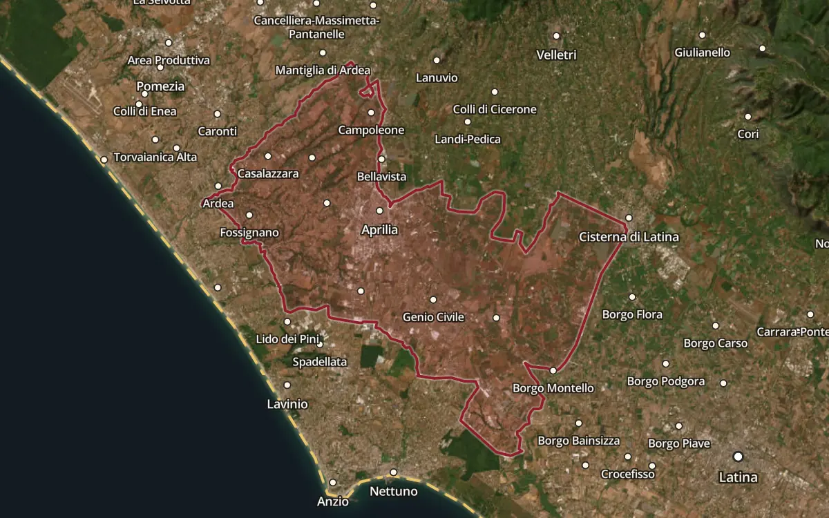Map of the Aprilia DOC production zone on satellite imagery