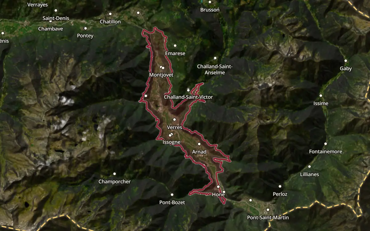 Map of the Arnad-Montjovet production zone on satellite imagery