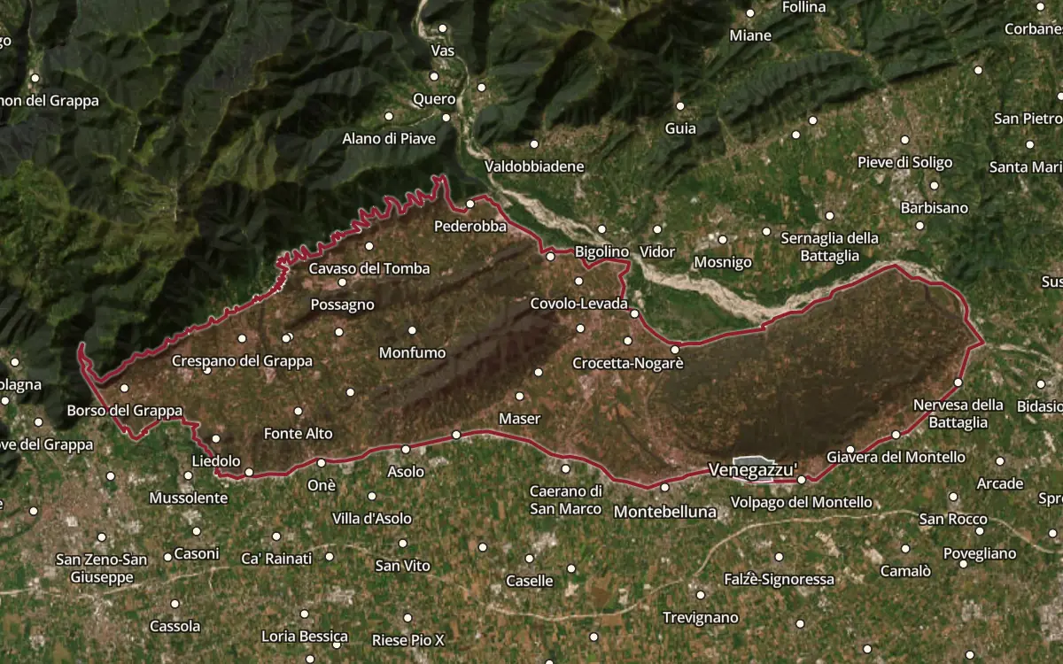 Map of the Asolo Montello / Montello Asolo DOC production zone on satellite imagery