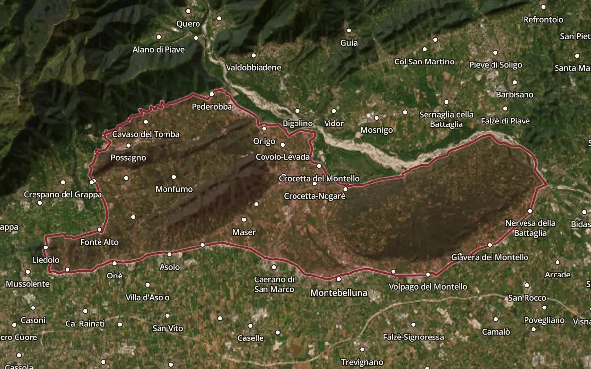 Map of the Asolo Prosecco / Colli Asolani-Prosecco DOCG production zone on satellite imagery