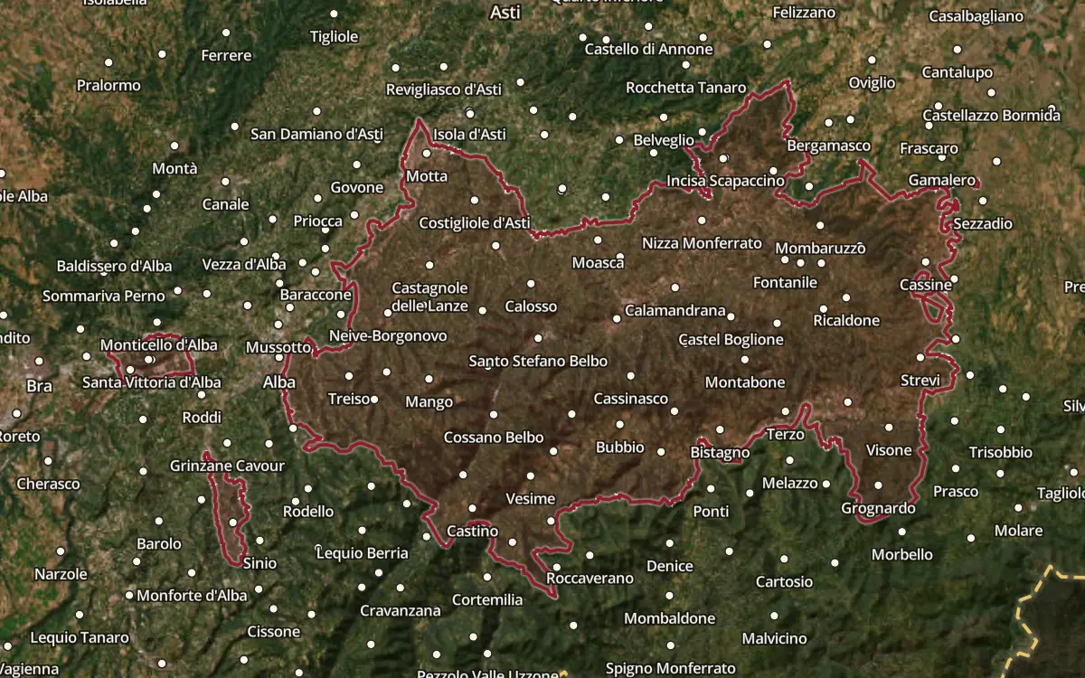 Map of the Asti / Moscato d'Asti DOCG production zone on satellite imagery