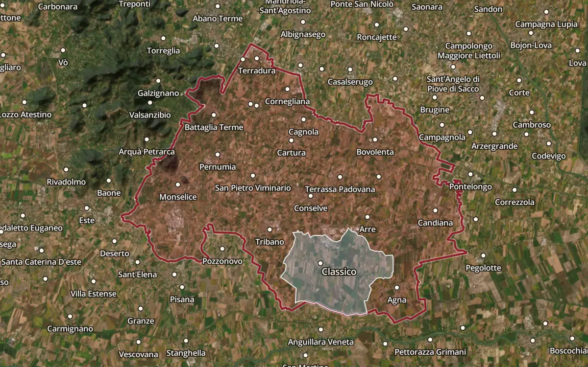 Map of the Bagnoli di Sopra DOC production zone on satellite imagery