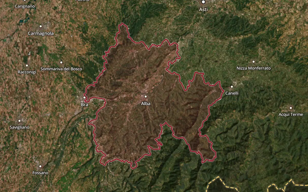 Map of the Barbera d'Alba DOC production zone on satellite imagery