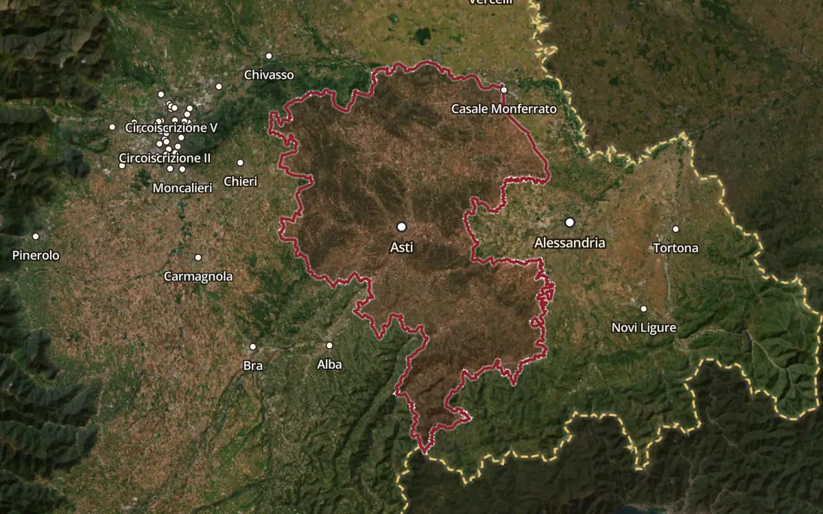Map of the Barbera d'Asti DOCG production zone on satellite imagery