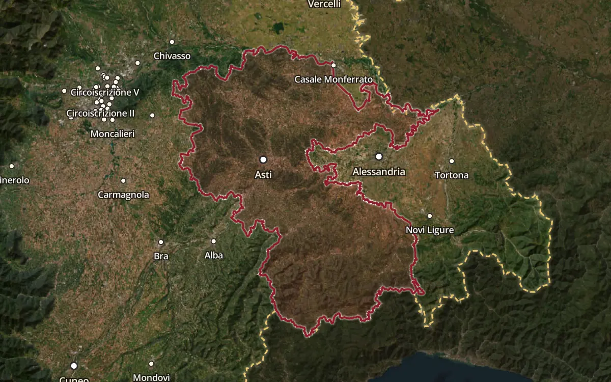 Map of the Barbera del Monferrato DOC production zone on satellite imagery