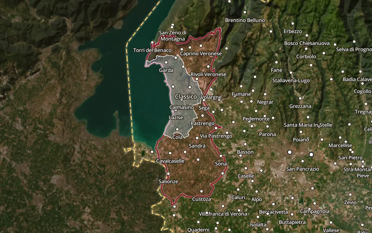 Map of the Bardolino Superiore DOCG production zone on satellite imagery