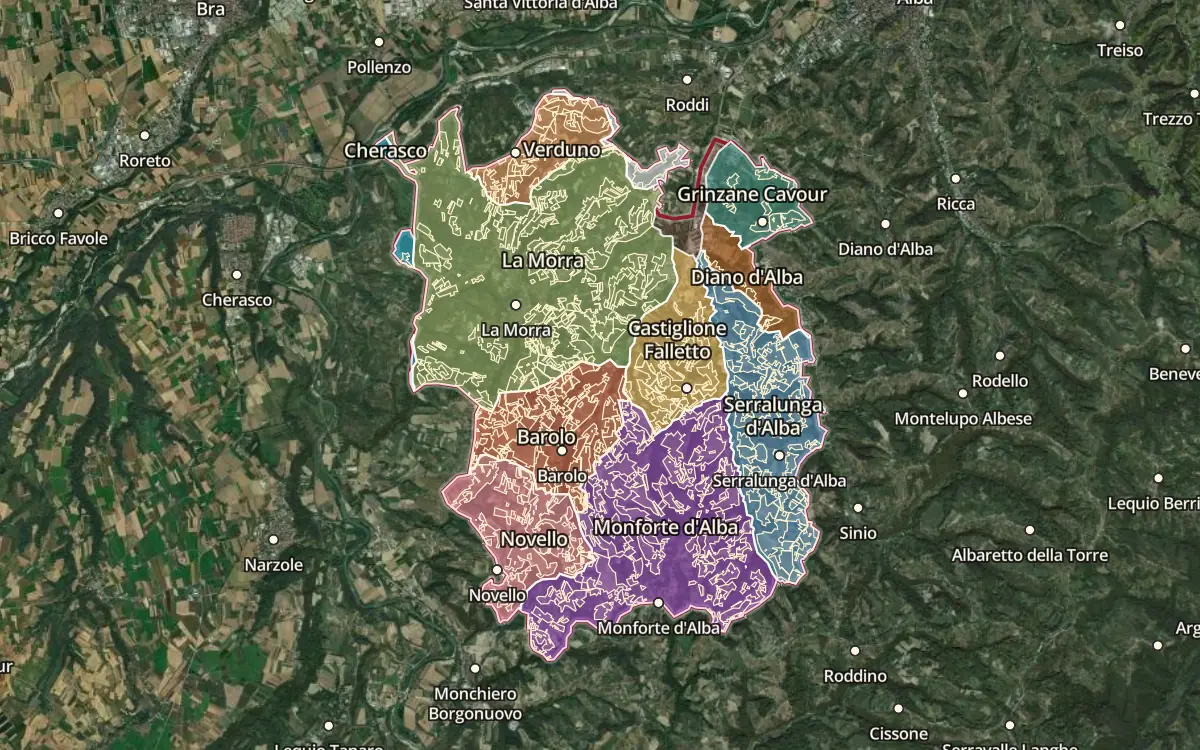 Map of the Barolo DOCG production zone on satellite imagery