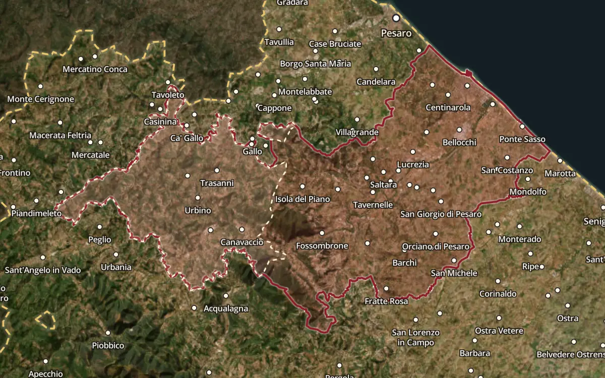 Map of the Bianchello del Metauro DOC production zone on satellite imagery