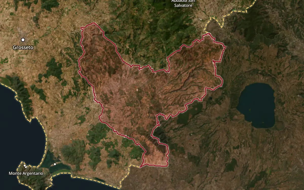 Map of the Bianco di Pitigliano DOC production zone on satellite imagery