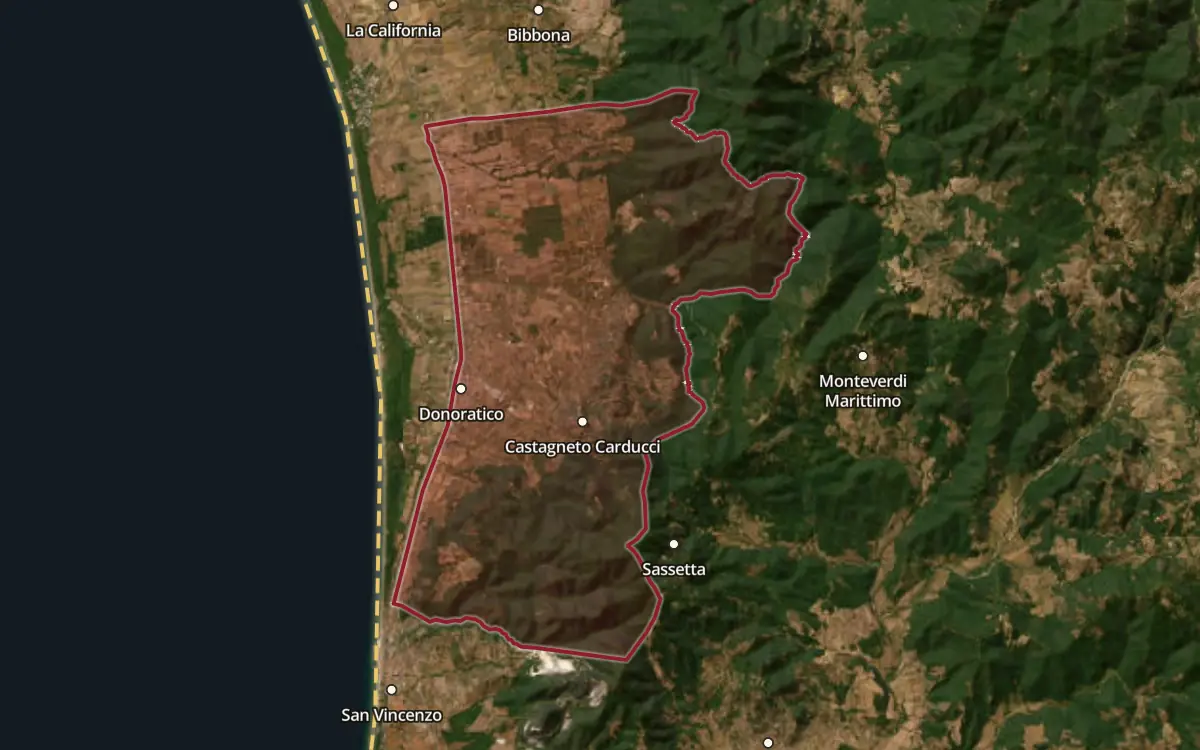 Map of the Bolgheri DOC production zone on satellite imagery