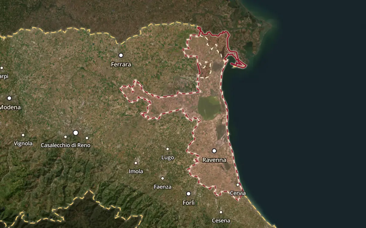 Map of the Bosco Eliceo DOC production zone on satellite imagery