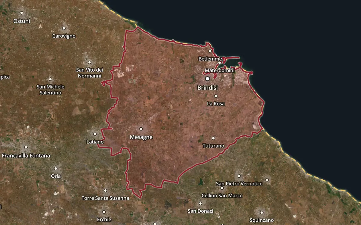 Map of the Brindisi DOC production zone on satellite imagery