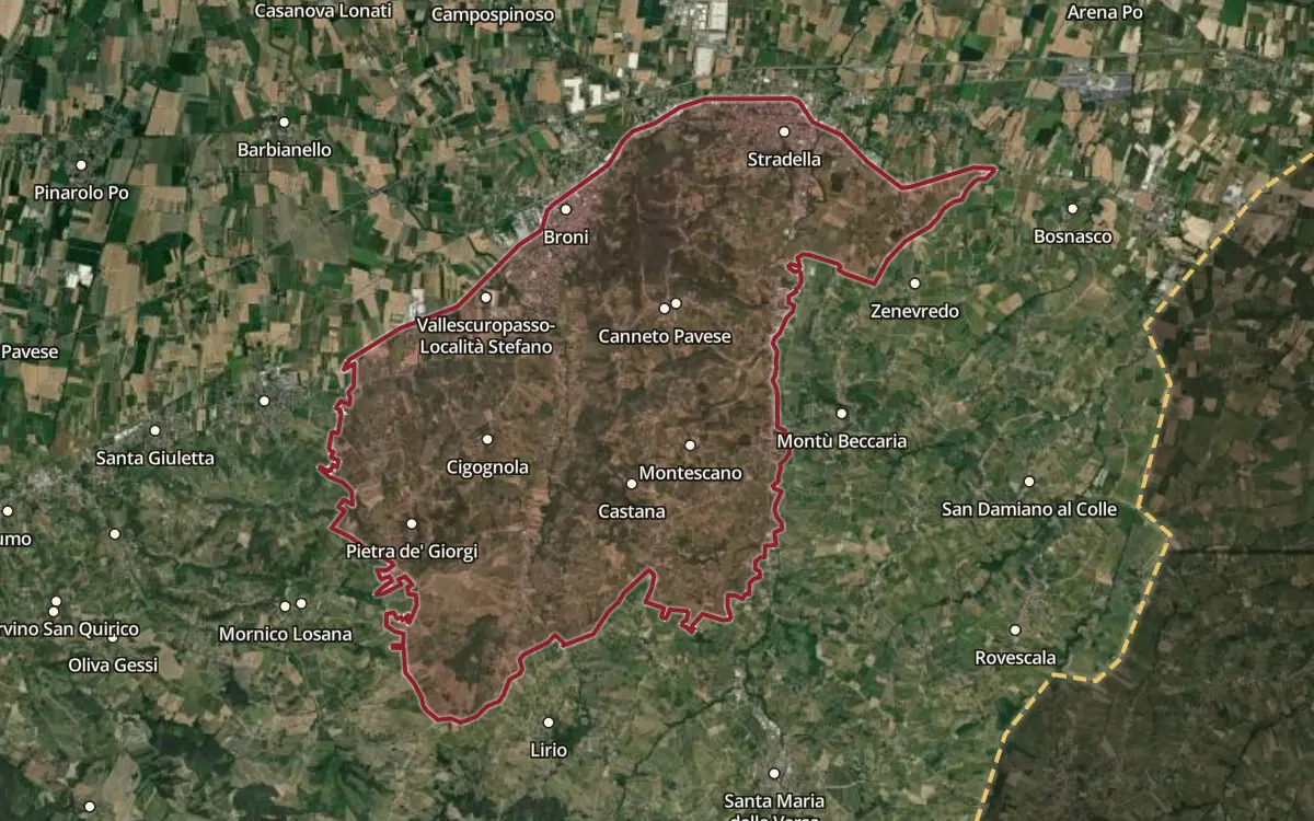 Map of the Buttafuoco dell’Oltrepò Pavese DOC production zone on satellite imagery