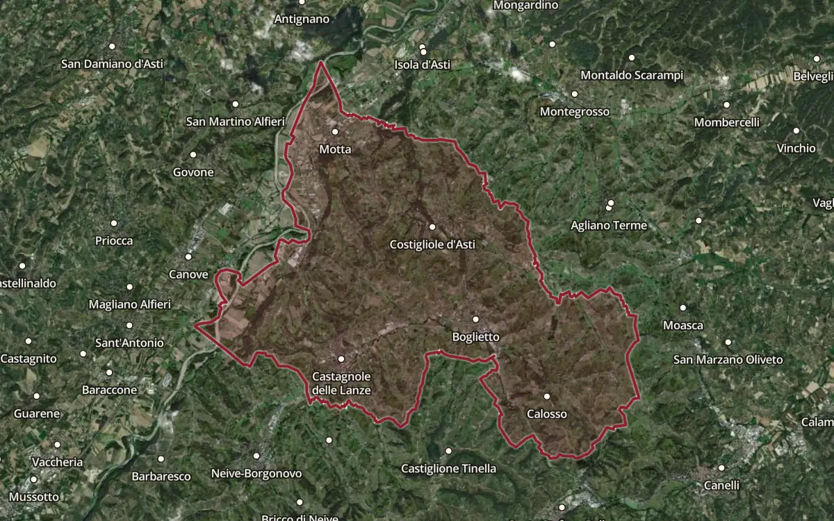 Map of the Calosso DOC production zone on satellite imagery