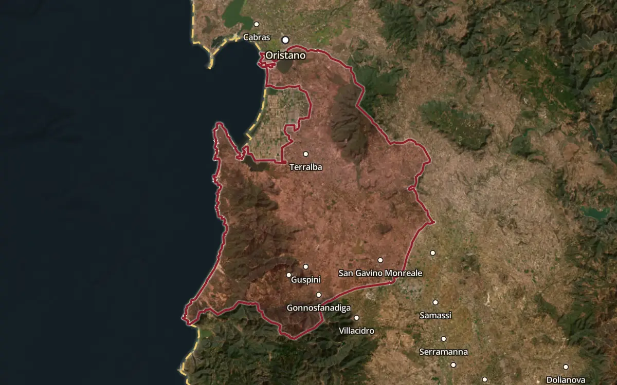 Map of the Campidano di Terralba DOC production zone on satellite imagery